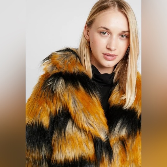 Topshop Fabulous Tiger Multi Color Faux Fur Jacket Coat sz 6 - Picture 6 of 6